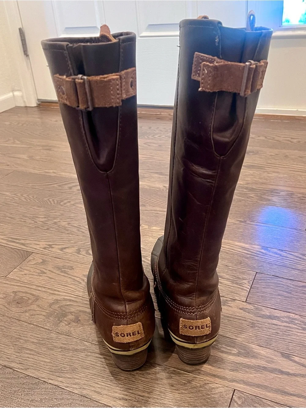 Sorel Slimpack Riding Tall Boots - Brown Leather Duck Boots, Women’s 9.5